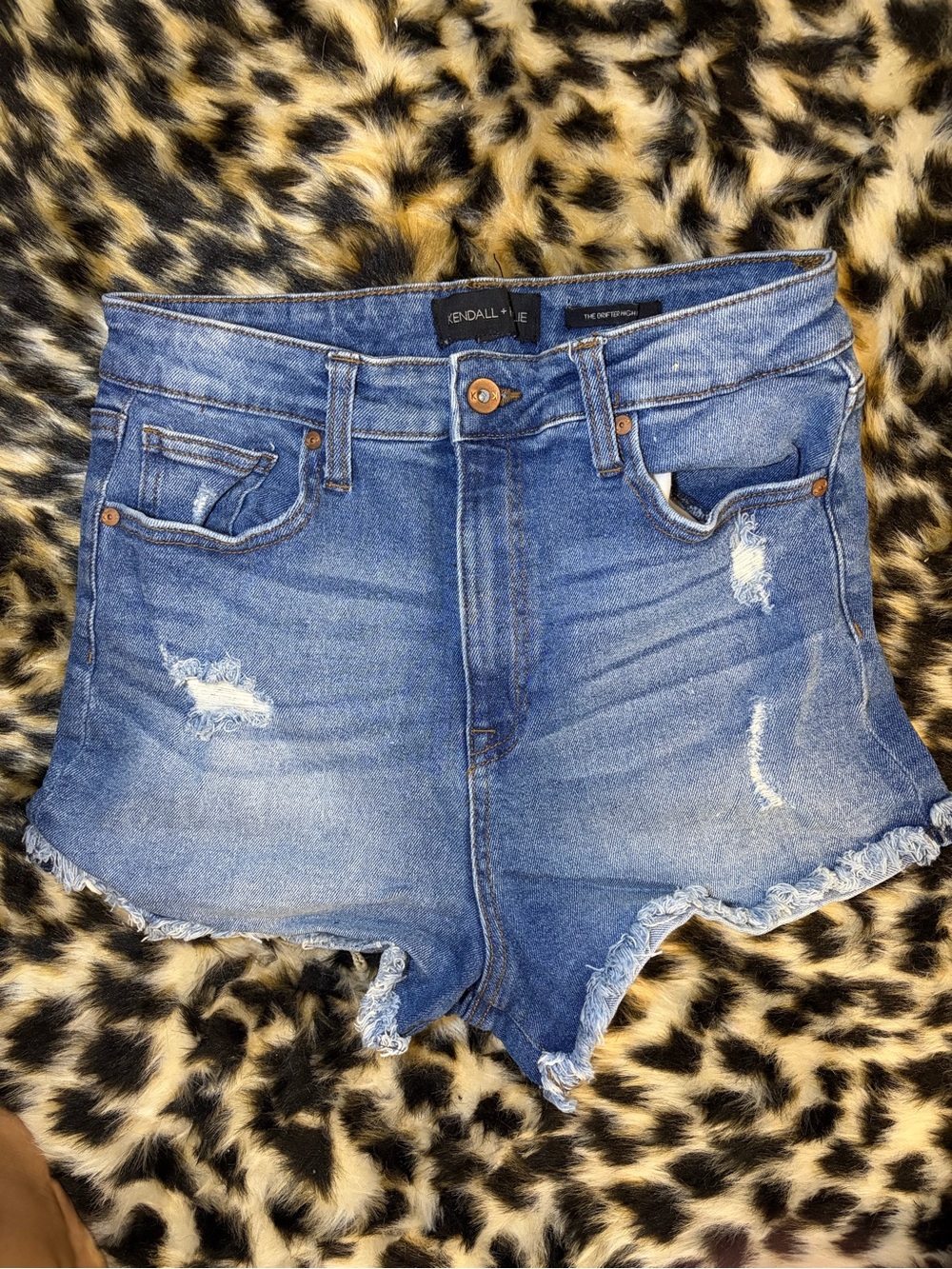 Kendall & Kylie Medium Blue Distressed High-Rise Denim Shorts